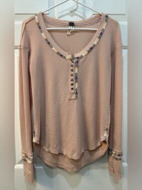 Free People Pink Thermal Henley Size S Rainbow Embroidered Trim Boho Festival